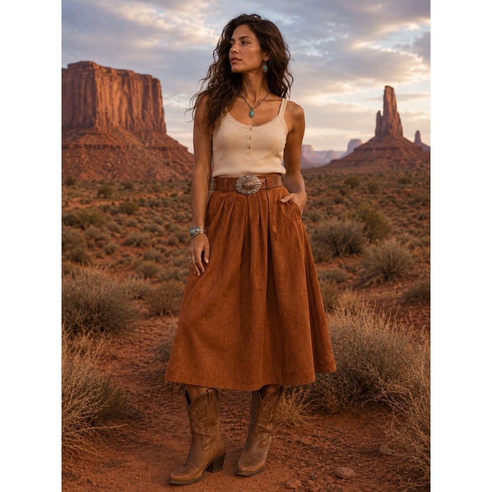 Vintage 80's Genuine Leather suede western style midi skirt 10 - 12 Boho Pockets